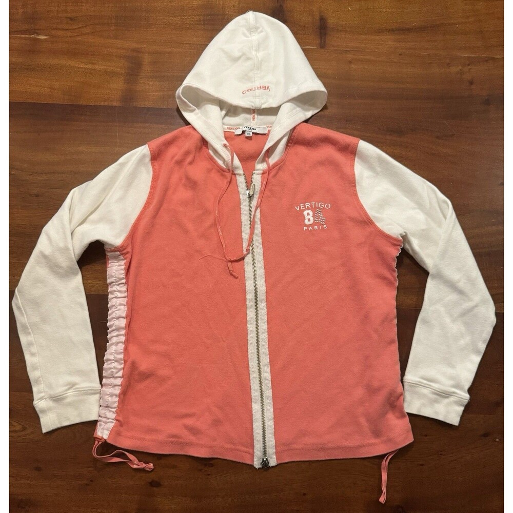 Vertigo Paris Women's XL Full Zip Hoodie Pink White Rhinestone Logo Y2K Jacket